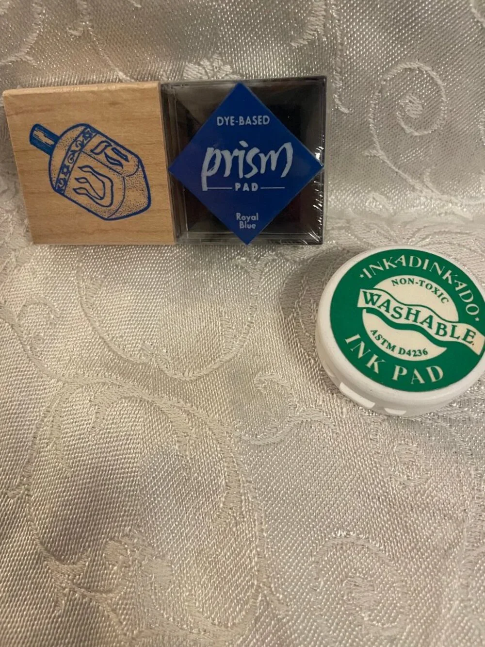 1996 Rubber Stampede Dreidel Stamp with Wood Top and Royal Blue Prism Ink Pad